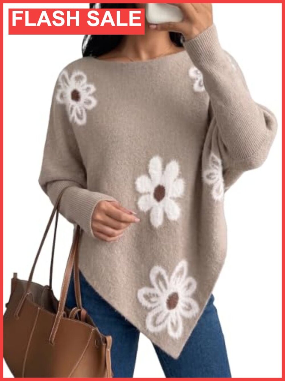 Oversized Floral Knit Poncho Sweater Asymmetrical Batwing Pullover